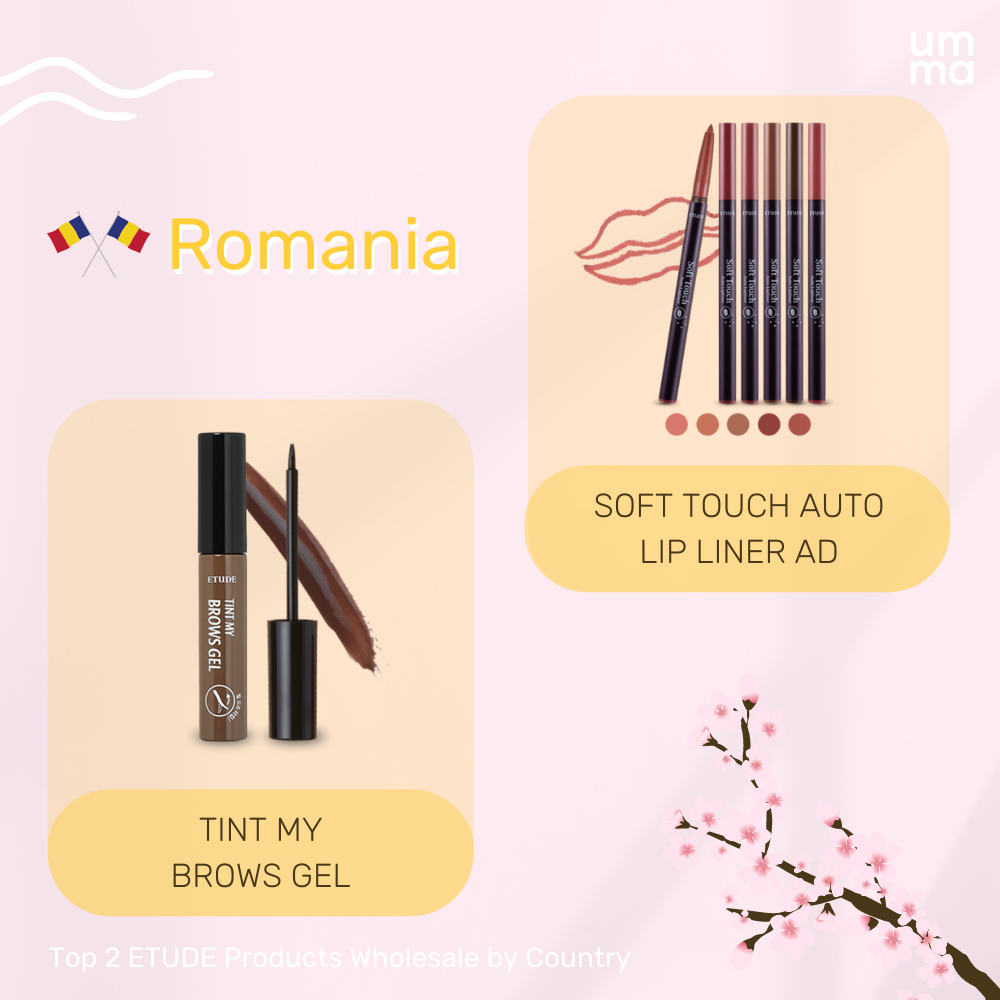 Top 2 ETUDE products Wholesale by Country - Romania. Tint My Brows Gel, Soft Touch Auto Lip Liner AD. Available at UMMA.