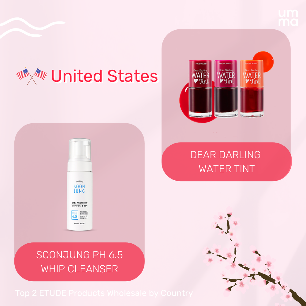 Top 2 ETUDE products Wholesale by Country - United States. Soonjung pH 6.5 Whip Cleanser, Dear Darling Water Tint. Available at UMMA.