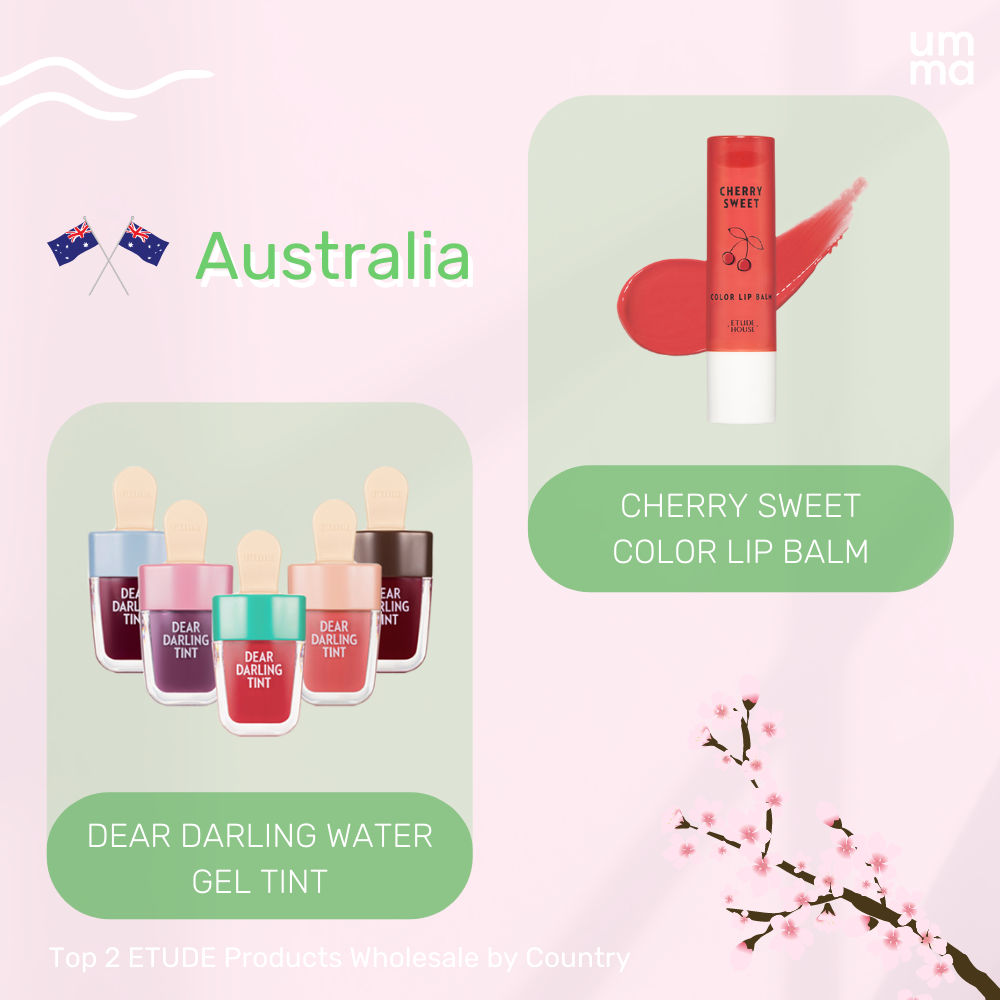 Top 2 ETUDE products Wholesale by Country - Australia. Dear Darling Water Gel Tint, Cherry Sweet Color Lip Balm. Available at UMMA.