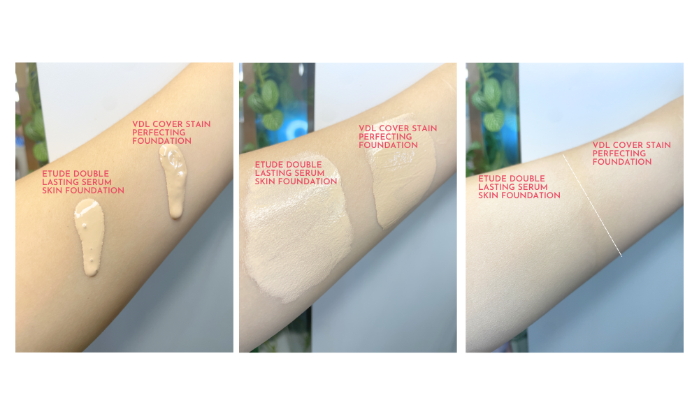 VDL Cover Stain Perfecting Foundation vs. Etude Double Lasting Serum Skin Foundation comparison